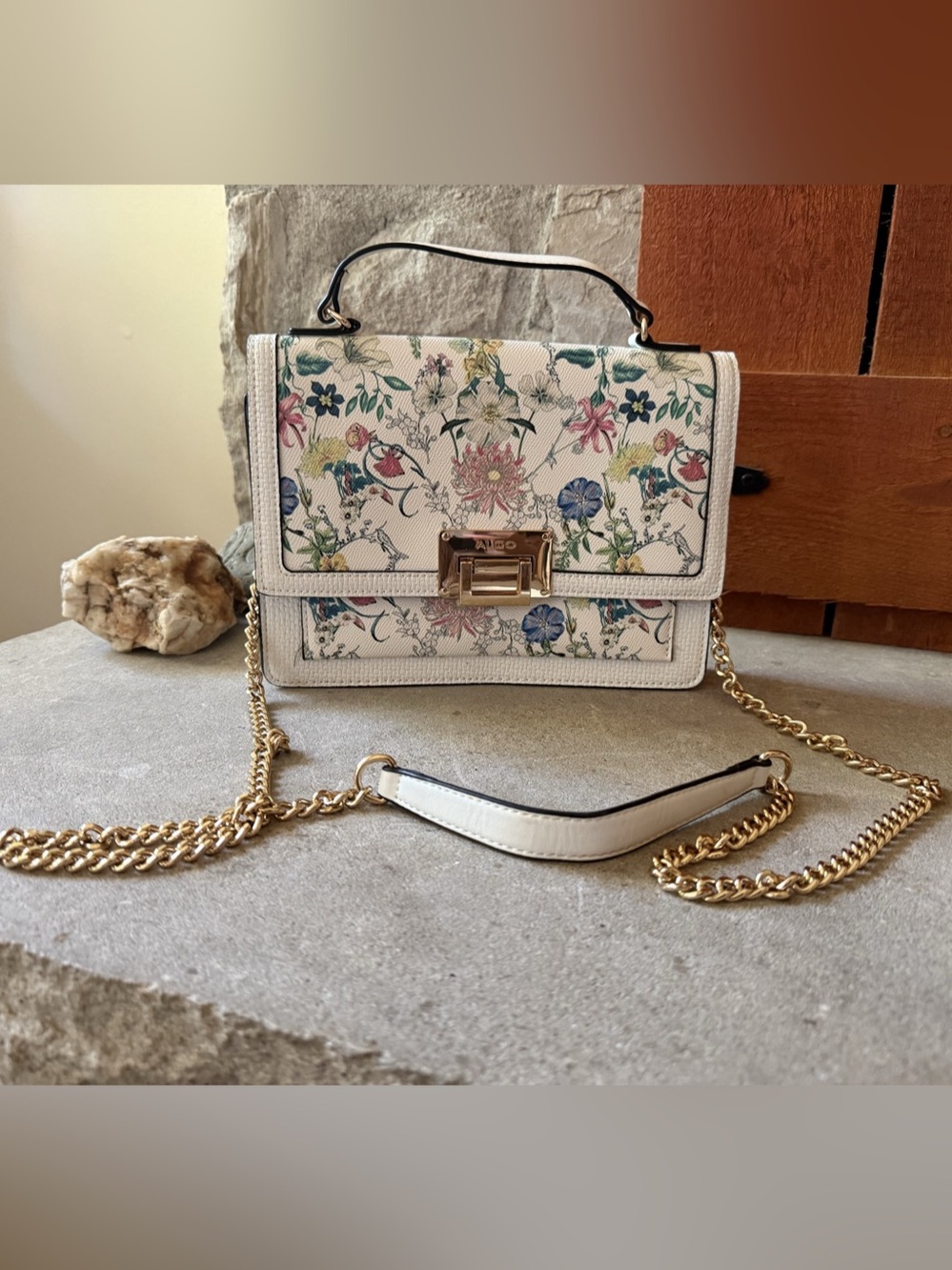 ALDO Floral Top Handle Crossbody Bag White & Green Pink, Gold Chain